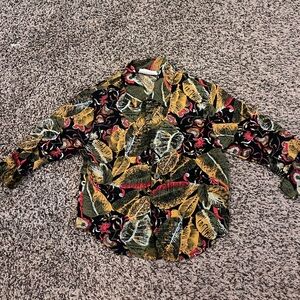 Vintage 90s Kids Oversized Long-Sleeve Leaf Print Shirt - Black, Yellow & Green